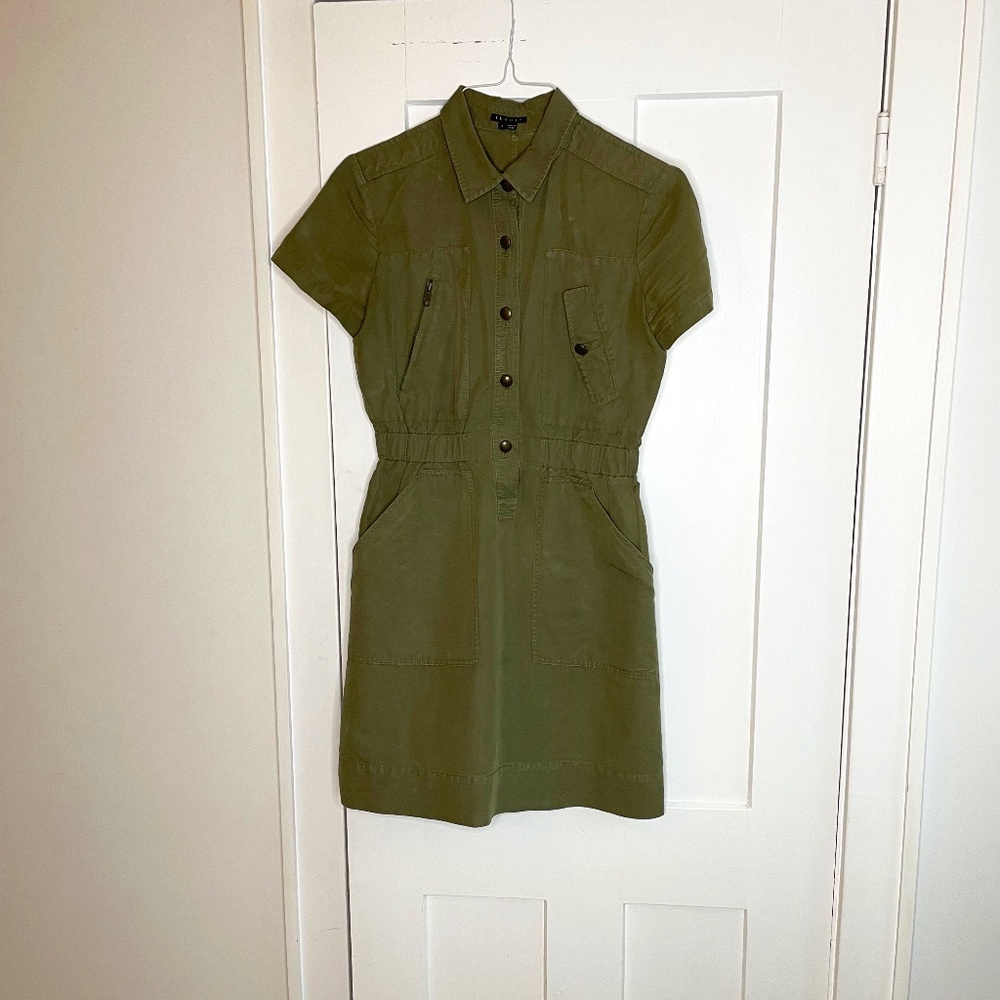 Theory Olive Green Shirtdress, Military styling, Above Knee, Size Small